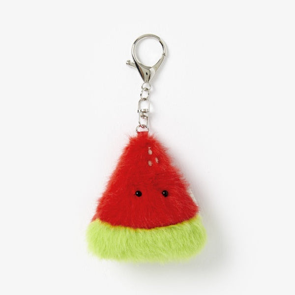 Plush watermelon keychain with a metal clasp on a white background