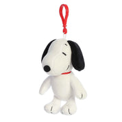 Plush Snoopy bag charm with a red clip on a white background