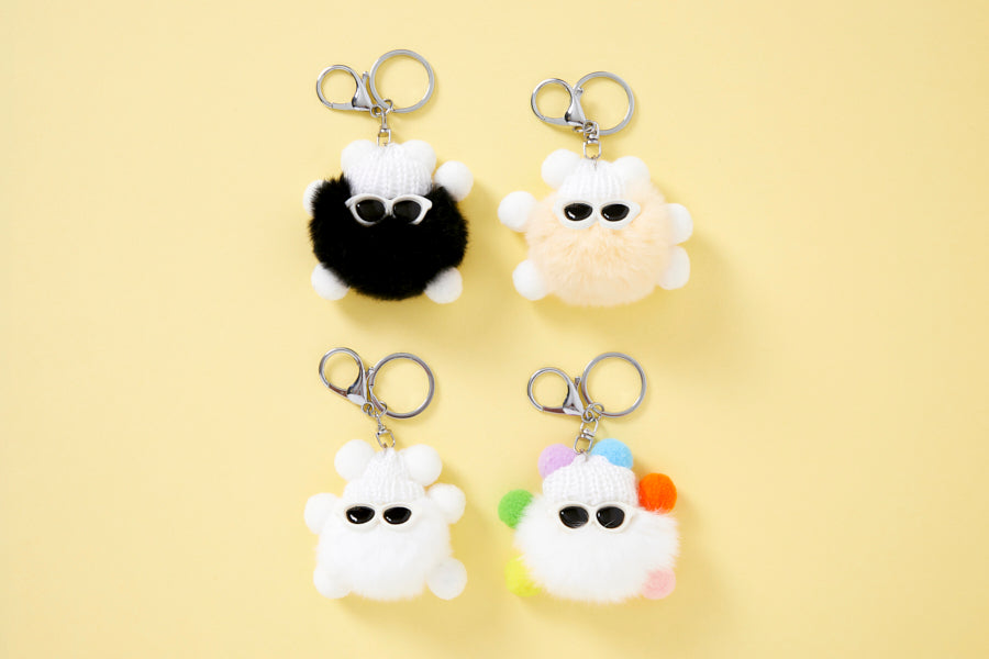 Fluffy Pom-Pom Bag Charm Keyring Beige