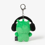 Green plush keychain with black headphones on a white background