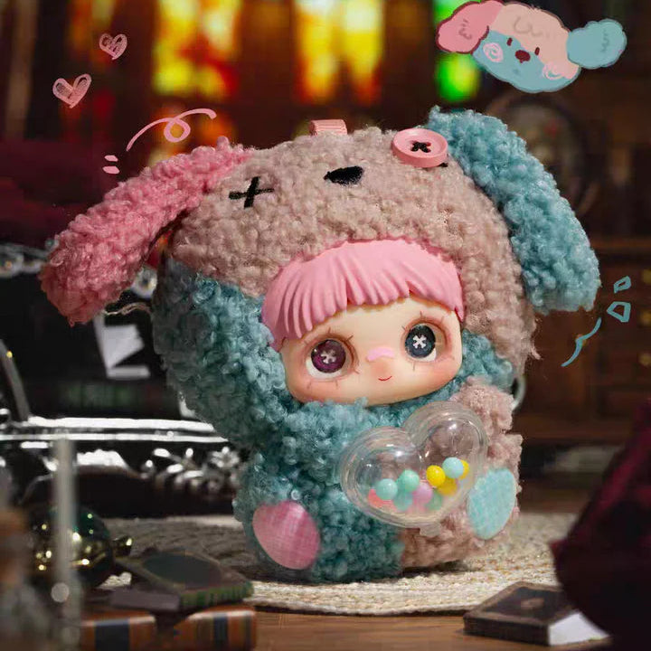 Toy figure with pink hair and blue outfit on a blurred background with text 'No Heart break'.