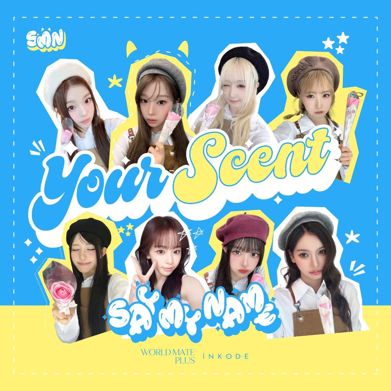 Promotional graphic for the SONG Worldmate Plus x INKODE collaboration titled 'Your Scent - Say My Name'. The design features a bright blue background with a yellow bottom banner and white dashed borders.