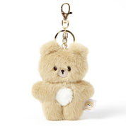 Beige teddy bear keychain with a gold clasp on a white background
