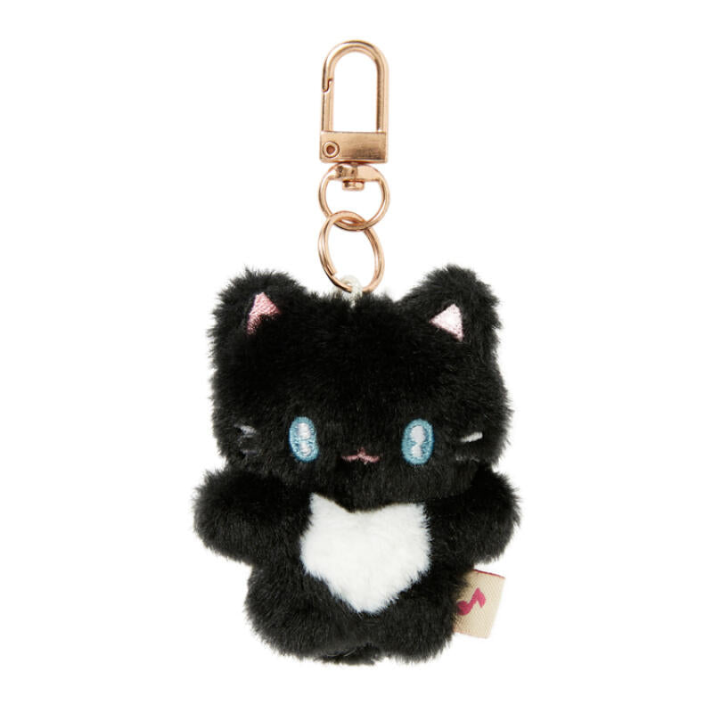 Black cat-shaped plush keychain with a gold clip on a white background