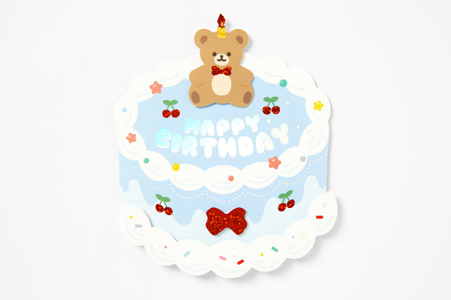 Card Cherry Birthday Cake with Bear Blue