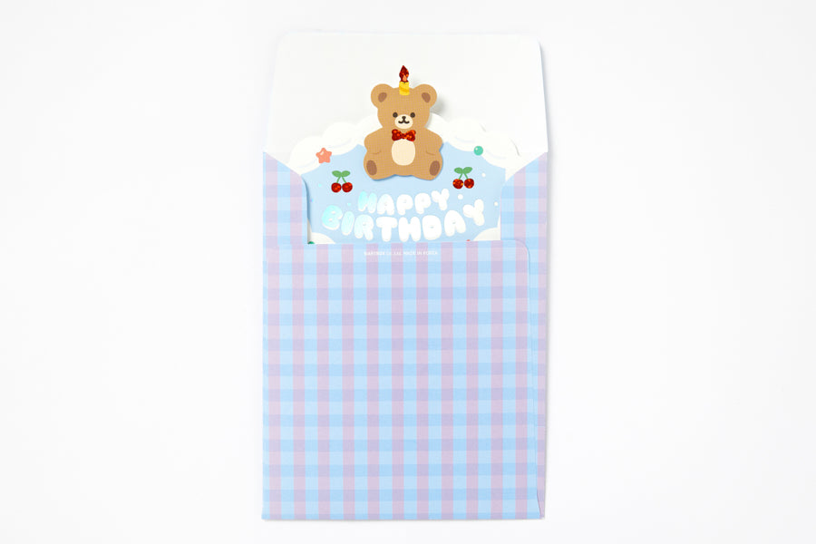 Card Cherry Birthday Cake with Bear Blue