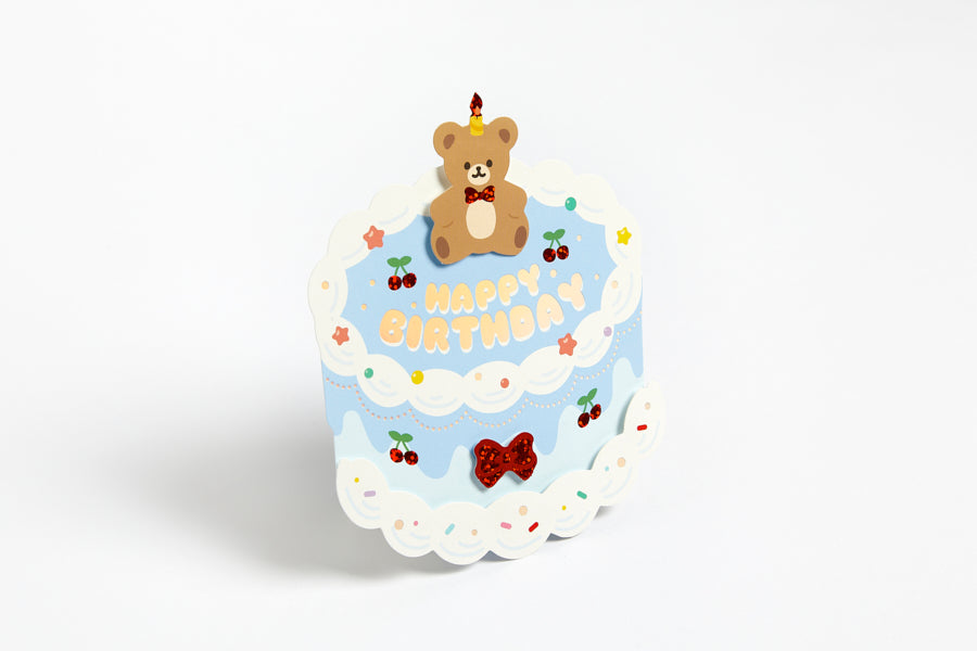 Card Cherry Birthday Cake with Bear Blue