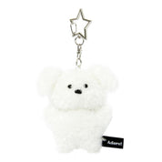 White fluffy keychain with a star-shaped clip on a white background