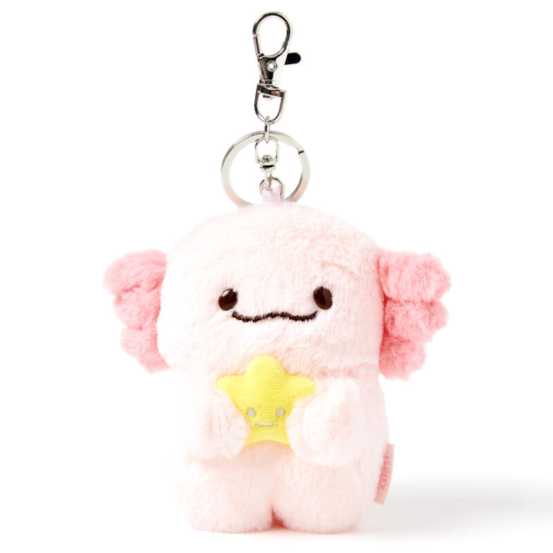 Plush keychain with a pink creature holding a yellow star on a white background