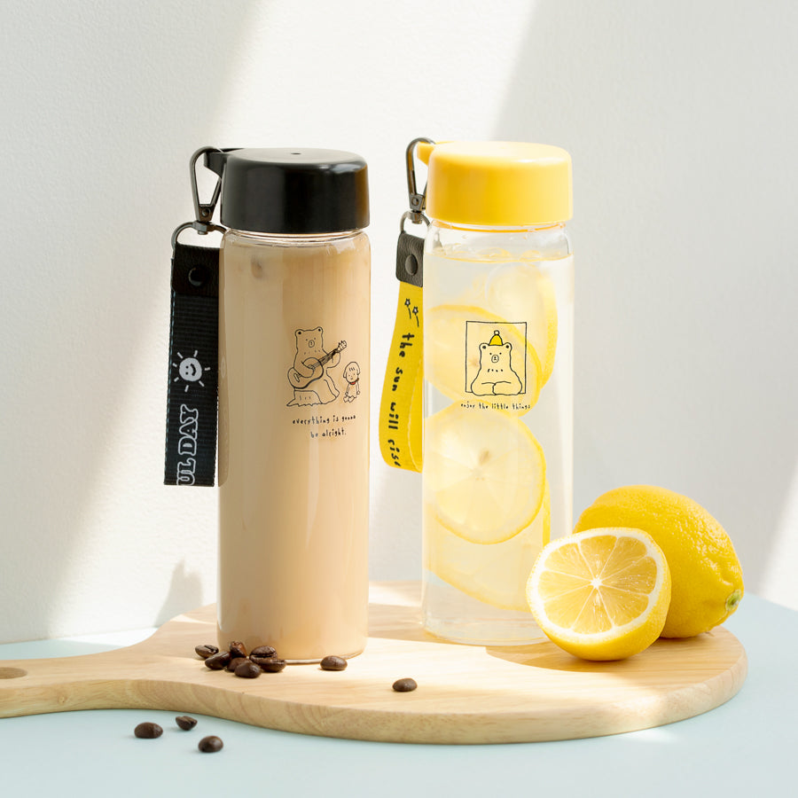 Glass Water Bottle with Strap: Yellow Bear (350ml)