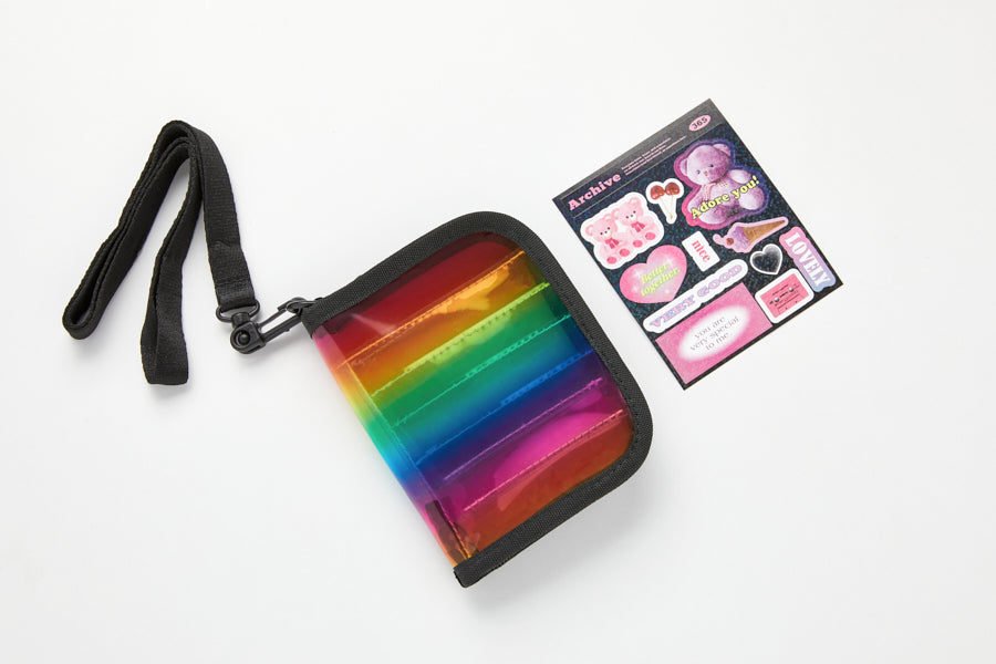 Neck Flap Card Holder Bear & Sticker Set Rainbow