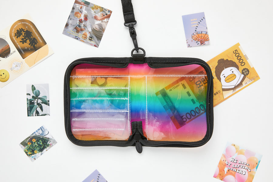 Neck Flap Card Holder Bear & Sticker Set Rainbow