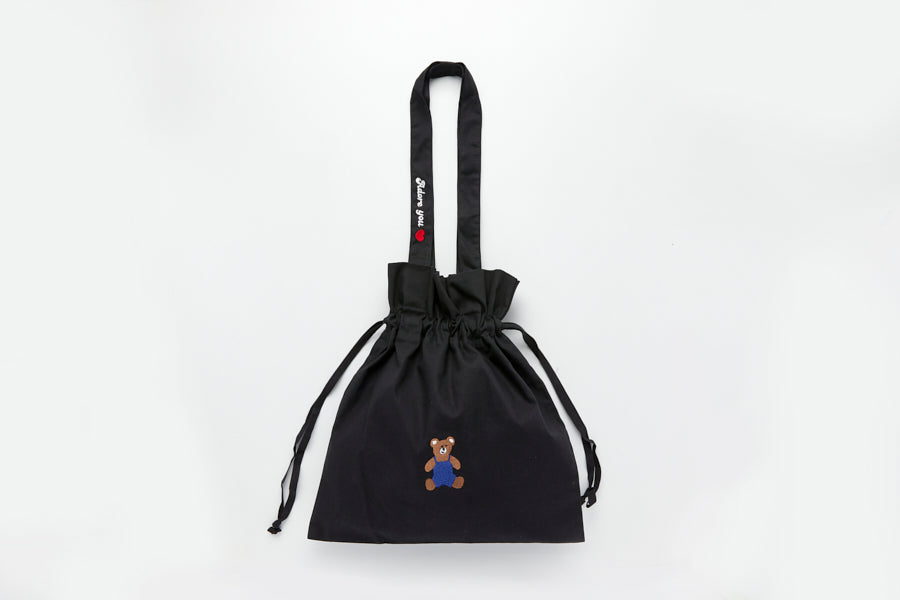 Eco Bag Bear Embroidered String Black