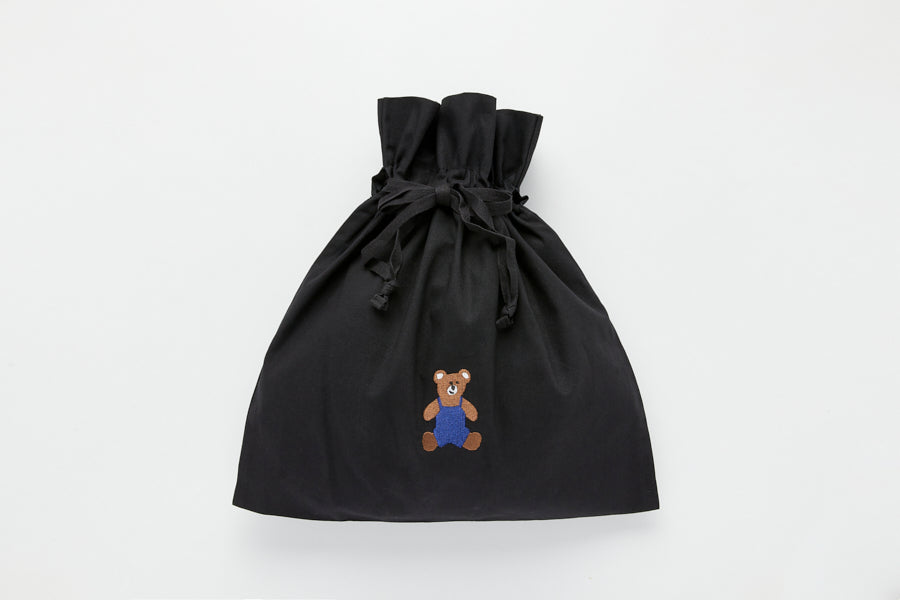 Eco Bag Bear Embroidered String Black